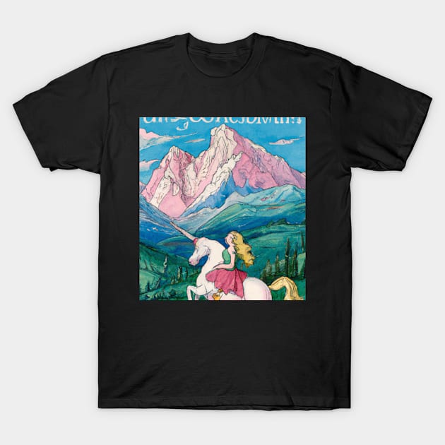 Magazine cover style art mountain scene with unicorn painting abstract art design T-Shirt by DesignIndex